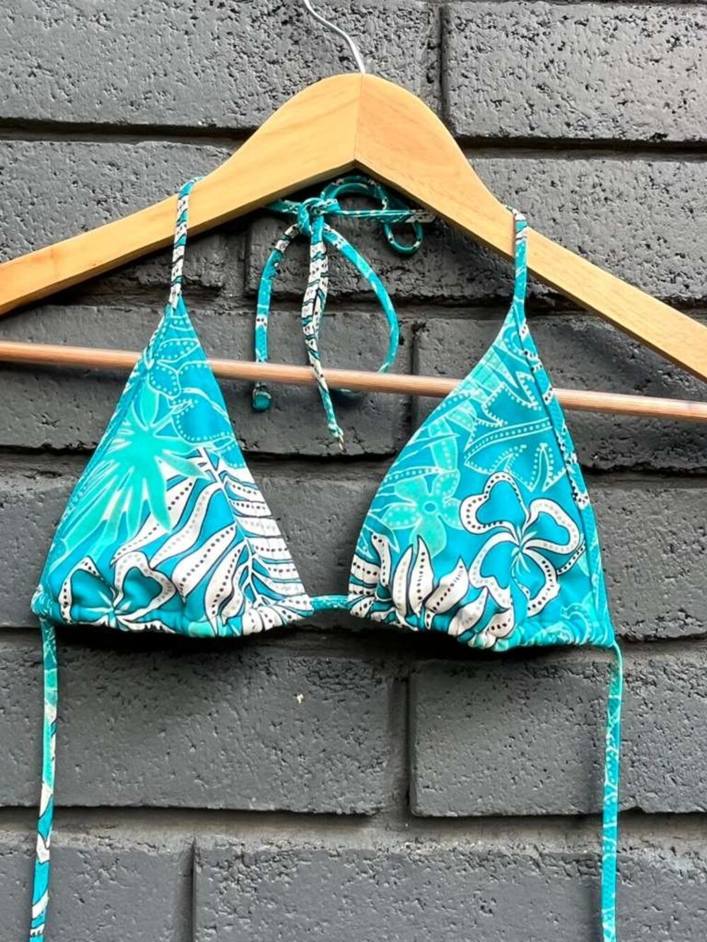Bikini Top Blue Hawaiian Tropical Wms XS/S Triangle String Tie Adjustable Halter